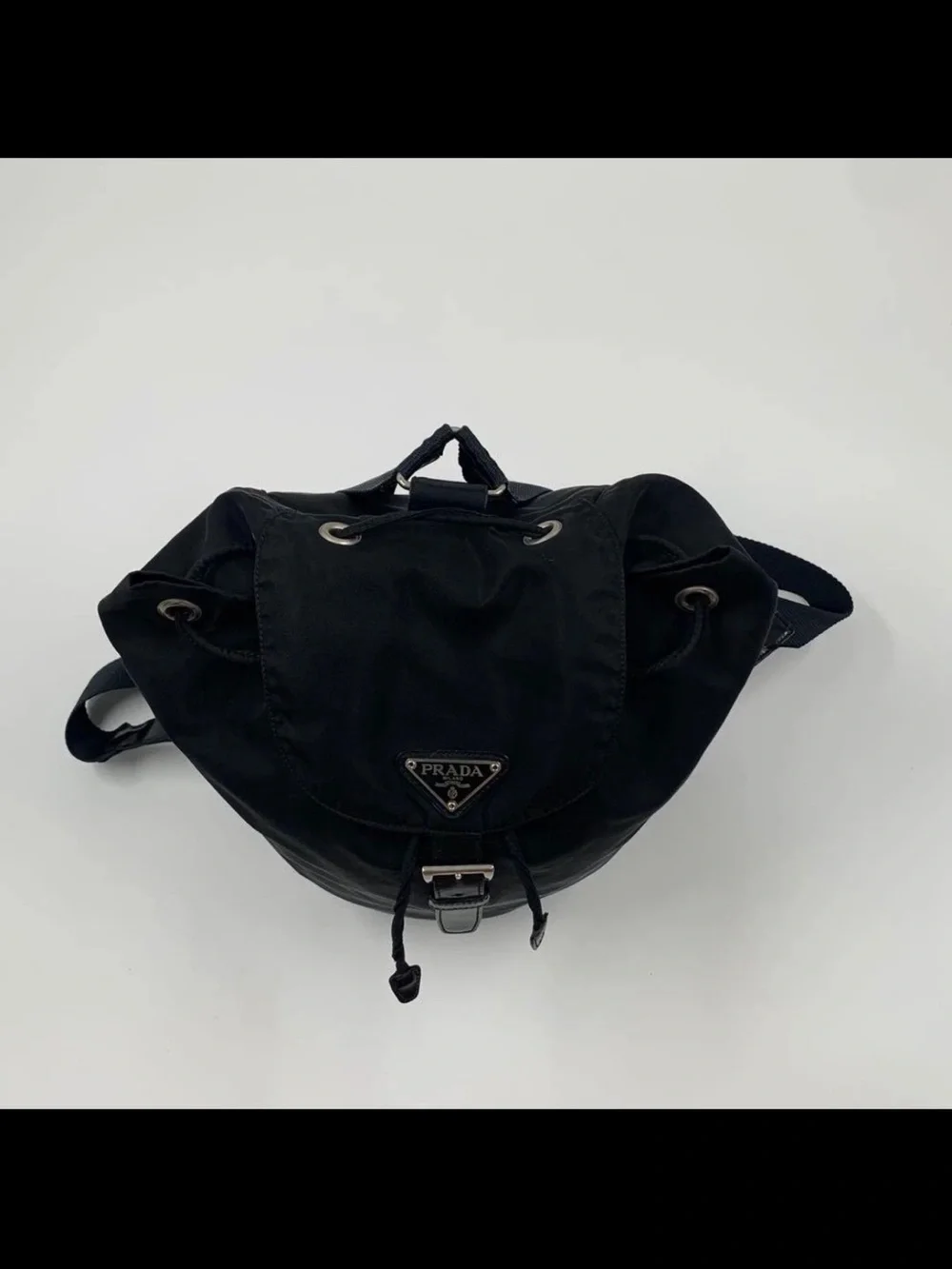 Prada Black Nylon Drawstring Flap Backpack with Buckle